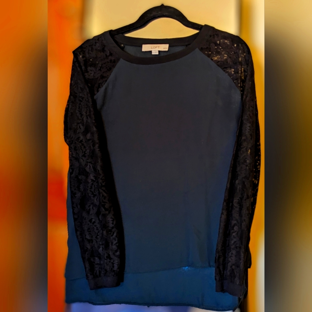 LOFT (Ann Taylor) black lacey-armed long-sleeved blouse shirt (petite small)